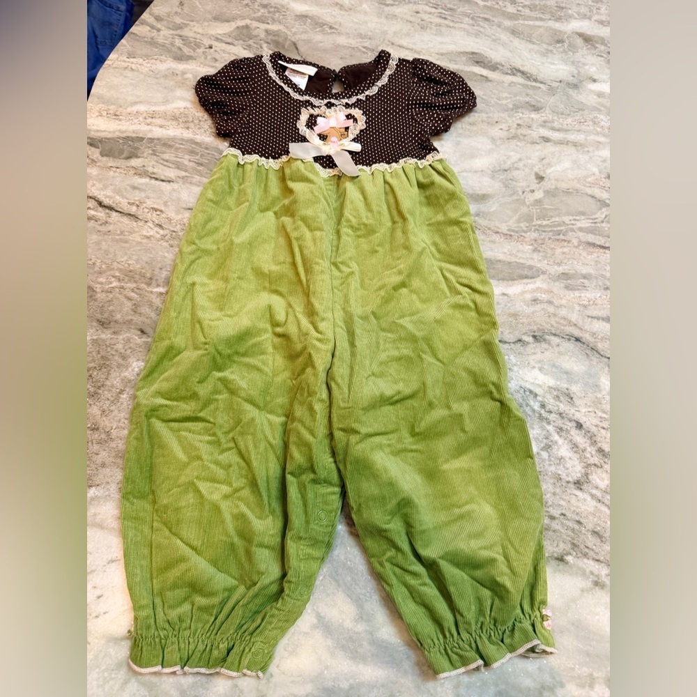Bonnie Baby Girls Romper 24M Brown Polka Dot Green Corduroy Lace Bow One Piece